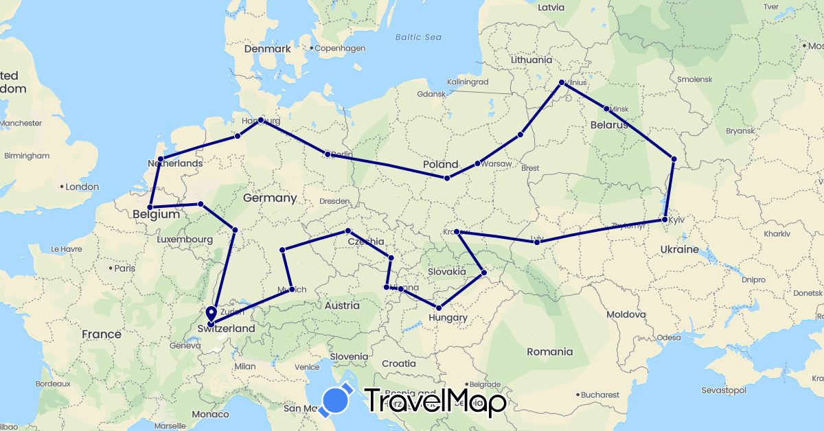 TravelMap itinerary: driving in Austria, Belgium, Belarus, Switzerland, Czech Republic, Germany, Hungary, Lithuania, Netherlands, Poland, Slovakia, Ukraine (Europe)